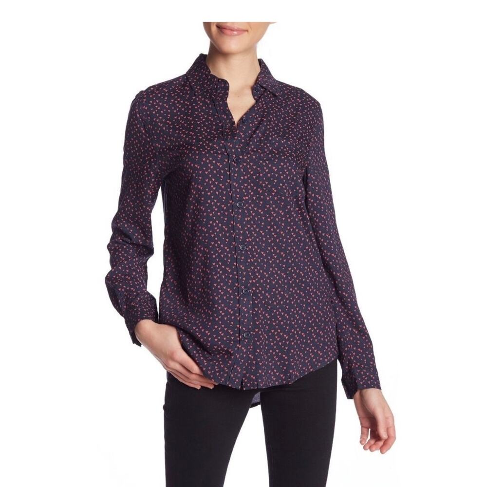 BeachLunchLounge Heart Print Button Front Blouse Medium Navy Pink 100% Viscose